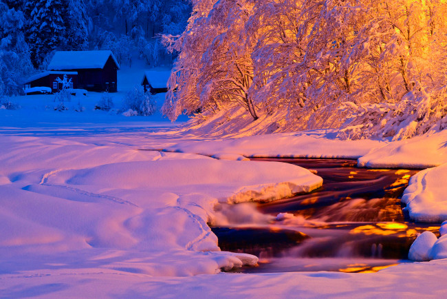 Обои картинки фото природа, зима, вечер, снег, поток, река, свет, ночь