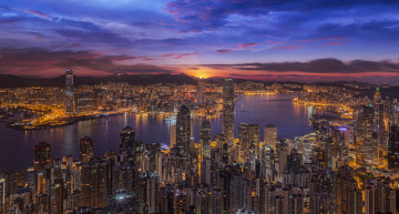 Картинка города гонконг+ китай victoria harbour бухта виктория china закат ночной город гонконг здания небоскрёбы панорама hong kong
