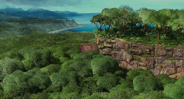Картинка рисованное природа камни деревья водоем гора