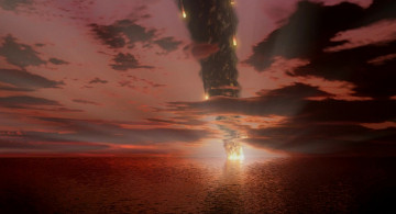 Картинка рисованное природа водоем облака комета огонь