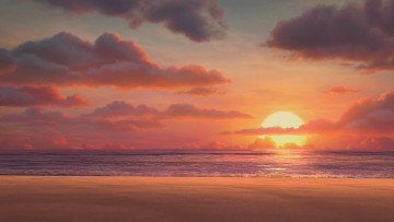 Картинка рисованное природа берег солнце облака песок водоем