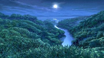 Картинка рисованное природа луна растения деревья водоем