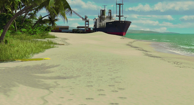 Обои картинки фото рисованное, - другое, водоем, песок, корабль, растения, деревья