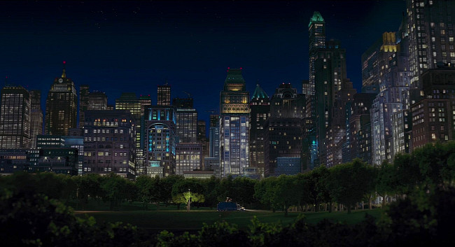 Обои картинки фото рисованное, города, небоскреб, деревья, растения, машина, здания, ночь
