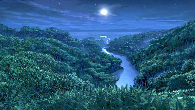 Обои картинки фото рисованное, природа, луна, растения, деревья, водоем