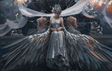Картинка фэнтези ангелы фон девушка платье зеркало