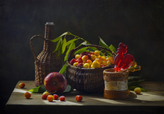 Картинка еда фрукты +ягоды бутыль корзинка черешня малина яблоко леденец