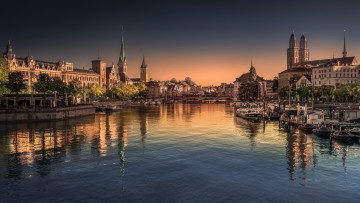 Картинка города цюрих+ швейцария цюрих утро город река восход солнца отражение небо здание корабль