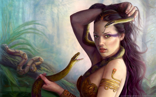 Обои картинки фото snake, goddess, фэнтези, девушки