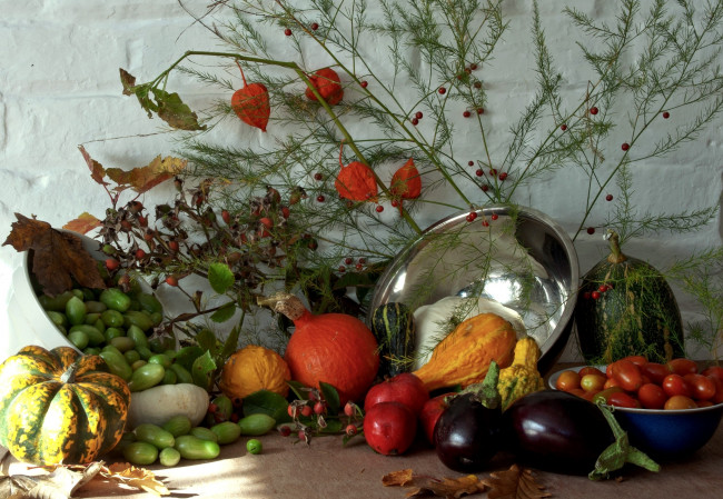 Обои картинки фото еда, натюрморт, помидоры, баклажаны, тыква, физалис