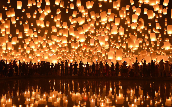 Обои картинки фото разное, - другое, loi, krathong, festival, thailand, ночь, floating, lanterns, фонарики, праздник