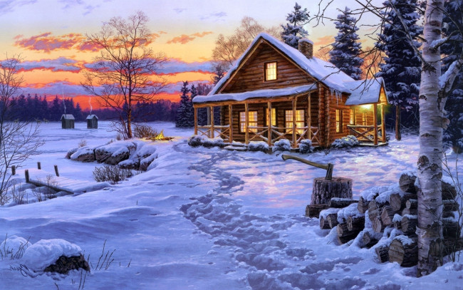Обои картинки фото рисованное, живопись, небо, огни, дом, следы, снег, зима