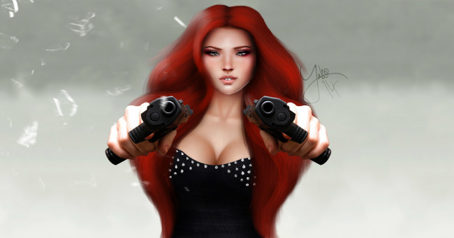 Обои картинки фото 3д графика, фантазия , fantasy, пистолеты, рендеринг, взгляд, лицо, девушка, волосы