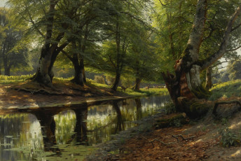 Картинка рисованное природа peder mоrk mоnsted деревья пейзаж картина олени на расстоянии ручей в долине петер мёрк мёнстед