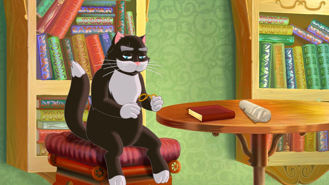 Обои картинки фото мультфильмы, иван царевич и серый волк 2, кот, очки, стул, стол, книга