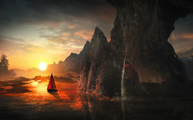 Обои картинки фото рисованное, живопись, горы, арт, лодка, свет, вода, парус, река, скалы, солнце, восход, фантазия