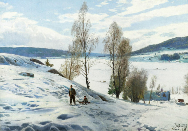 Обои картинки фото рисованное, живопись, снег, природа, деревья, норвегия, зима, в, однес, петер, мёрк, мёнстед, peder, mоrk, mоnsted, холмы, пейзаж