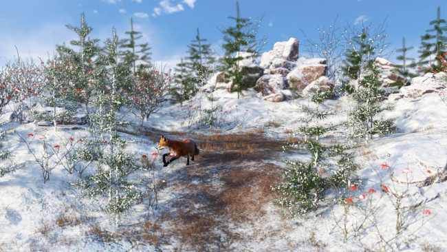 Обои картинки фото 3д графика, животные , animals, фон, снег, елка, лиса