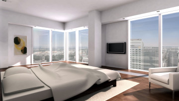 Картинка 3д+графика реализм+ realism комната кровать окна город интерьер