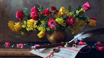 Картинка цветы букеты +композиции розы ноты свирель перо