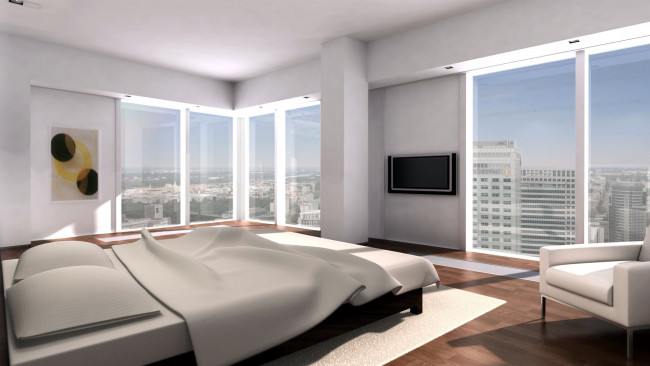 Обои картинки фото 3д графика, реализм , realism, комната, кровать, окна, город, интерьер