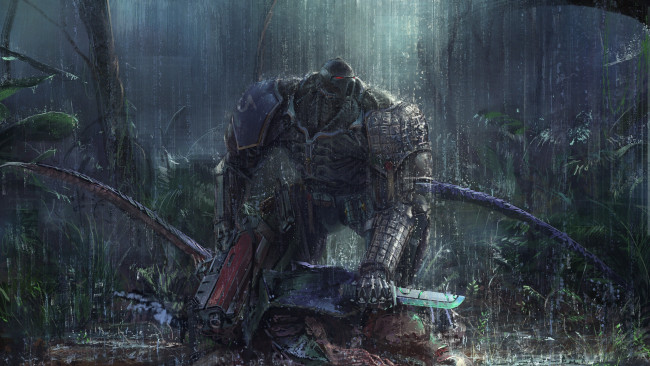 Обои картинки фото видео игры, warhammer 40k, броня, оружие, дождь, джунгли