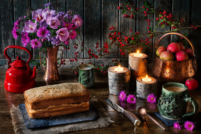 Обои картинки фото еда, натюрморт, букет, свечи, яблоки, пирог, кофе, молоко