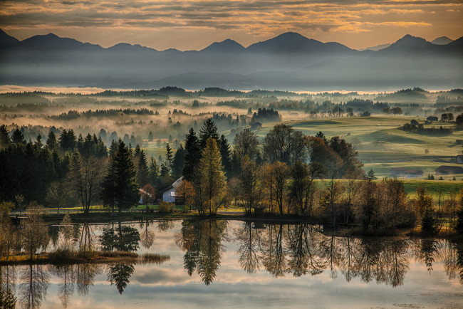Обои картинки фото wildsteig, bavaria, germany, природа, реки, озера, вильдштайг, отражение, рассвет, осень, германия, бавария, утро, река, пейзаж, горы, деревья