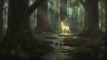 Картинка фэнтези призраки животное арт фантастика ночь олень рога лес деревья ветки растения сказка фентези