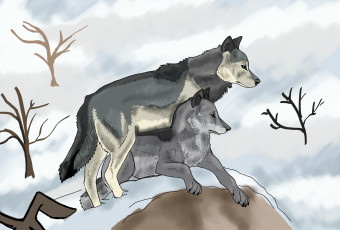 обоя рисованное, животные,  волки, днревья, снег, волки