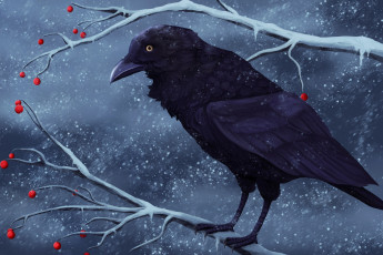 Картинка рисованное животные +птицы снег ворона ягоды ветка