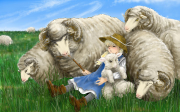 обоя рисованное, дети, пастушка, небо, трава, луг, шляпа, рога, овечки, сон