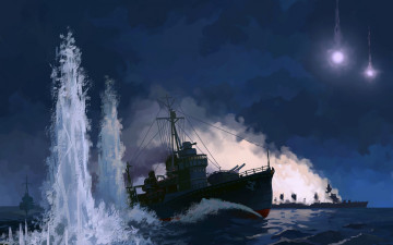 Картинка рисованное армия бугенвиль тихий океан рисунок арт ракеты корабли море сражение огни взрывы ночь морской бой