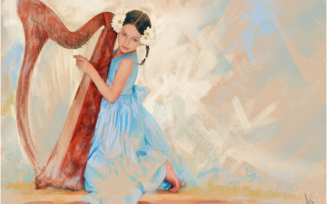 Картинка рисованное дети девочка живопись бежевый музыкальный инструмент голубой музыкант музыка арфа нежно пастельные тона графика рисунок картина платье
