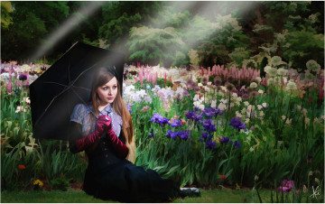Картинка рисованное люди картина перчатки деревья шатенка молодая девушка живопись графика цветы сад ретро лето рисунок платье черный зонт клумба