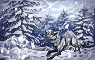 Картинка рисованное животные +волки волк снег лес