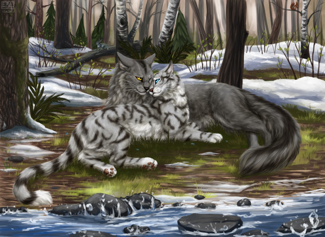 Обои картинки фото рисованное, животные,  коты, коты, ручей, снег, лес