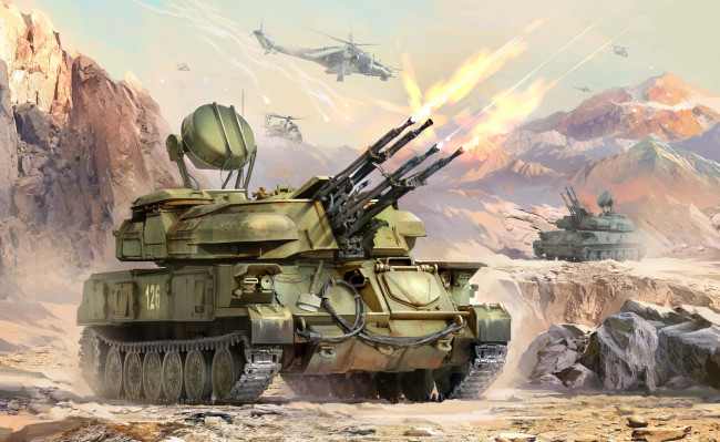 Обои картинки фото рисованное, армия, танки, вертолет, горы