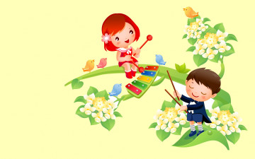 Картинка векторная+графика дети+ children музыка мальчик весна вектор девочка цветы арт птичка тепло настроение