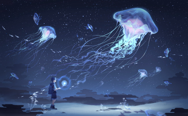 Обои картинки фото аниме, животные,  существа, мальчик, медузы