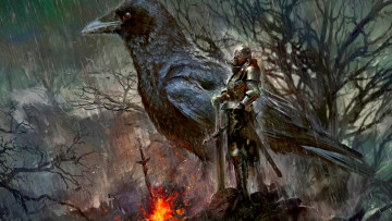 обоя видео игры, dark souls 3, рыцарь, меч, ворон, дождь, деревья