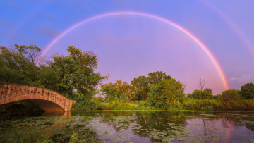 Картинка природа радуга водоем мостик
