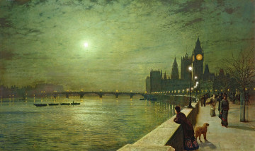 Картинка john+atkinson+grimshaw рисованное живопись джон эткинсон гримшоу луна набережная парапет мост река фонари лодки биг бен лондон англия