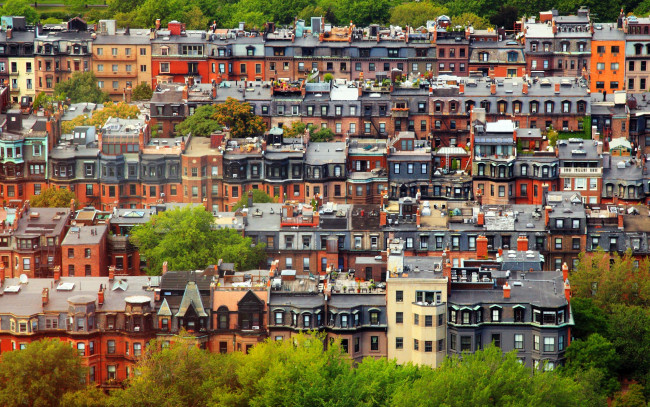Обои картинки фото города, бостон , сша, бостон, город, деревья, дом, старое, здание, район, сад, на, крыше, крыши, массачусетс