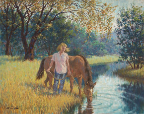 обоя arthur, saron, sarnoff, рисованные, конь, девушка, водопой, река