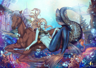обоя аниме, angels, demons, кораллы, хвост, под, водой, существо, конь, русалка