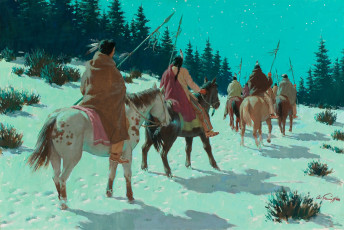 обоя arthur, saron, sarnoff, рисованные, лошади, индейцы, снег, зима