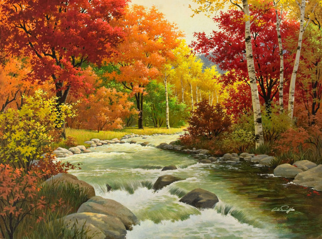 Обои картинки фото arthur, saron, sarnoff, рисованные, природа, пейзаж, осень, река, деревья