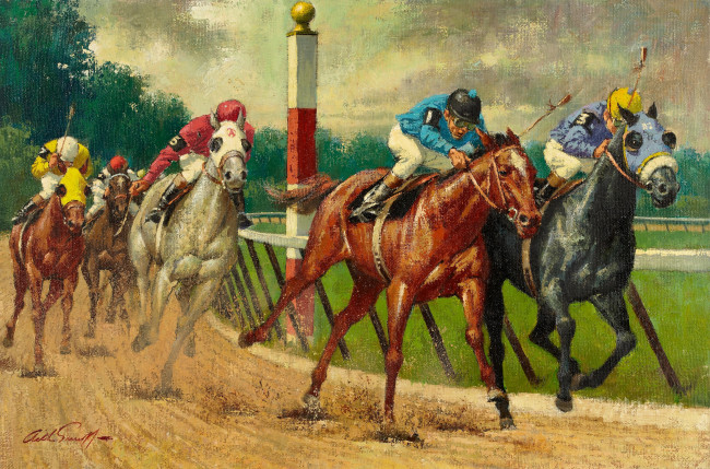 Обои картинки фото arthur, saron, sarnoff, рисованные, забег, лошади, жокеи, спорт