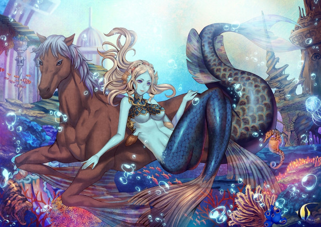 Обои картинки фото аниме, angels, demons, кораллы, хвост, под, водой, существо, конь, русалка